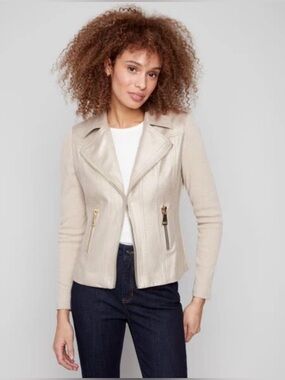 CHARLIE B Cream Moto Zip Leather Jacket
